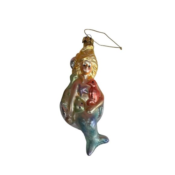 Title:  Mermaid With Seahorse & Starfish Iridescent Blown Glass Ornament 6½" - Picture 2 of 5